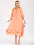 WOMEN'S 3/4 SLEEVE RUFFLE BOTTOM HEM FRONT POCKETS LOOSE FIT MAXI DRESS