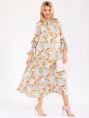 WOMEN'S 3/4 SLEEVE FRONT POCKETS FLORAL PRINT MAXI DRESS