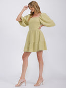 WOMEN'S SHORT PUFF SLEEVE SQUARE NECK SMOCK DETAILED TIERED MINI DRESS