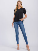 WOMEN'S SHORT PUFF SLEEVE V-NECK SOLID BLOUSE