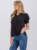 WOMEN'S SHORT PUFF SLEEVE V-NECK SOLID BLOUSE