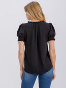 WOMEN'S SHORT PUFF SLEEVE V-NECK SOLID BLOUSE