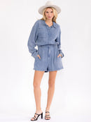WOMEN'S LONG SLEEVE BUTTON UP POCKETS ELASTIC WAIST CHAMBRAY ROMPER