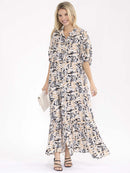 WOMEN'S SHORT SLEEVE BUTTON UP MULTI PRINT MAXI DRESS