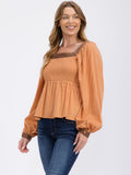 WOMEN'S LONG SLEEVES SQUARE NECK TRIM DETAILED SMOCK PEPLUM BLOUSE