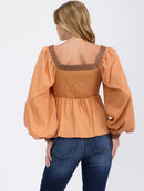 WOMEN'S LONG SLEEVES SQUARE NECK TRIM DETAILED SMOCK PEPLUM BLOUSE