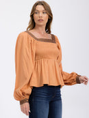 WOMEN'S LONG SLEEVES SQUARE NECK TRIM DETAILED SMOCK PEPLUM BLOUSE