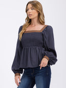 WOMEN'S LONG SLEEVES SQUARE NECK TRIM DETAILED SMOCK PEPLUM BLOUSE