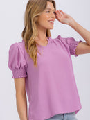 WOMEN'S SHORT PUFF SLEEVE V-NECK SOLID BLOUSE