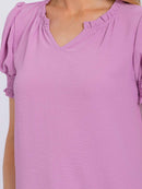 WOMEN'S SHORT PUFF SLEEVE V-NECK SOLID BLOUSE