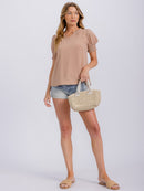 WOMEN'S SHORT PUFF SLEEVE V-NECK SOLID BLOUSE
