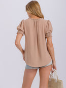 WOMEN'S SHORT PUFF SLEEVE V-NECK SOLID BLOUSE