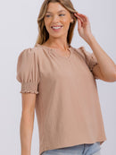 WOMEN'S SHORT PUFF SLEEVE V-NECK SOLID BLOUSE