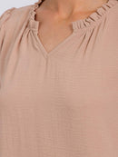 WOMEN'S SHORT PUFF SLEEVE V-NECK SOLID BLOUSE