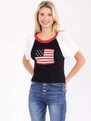 WOMEN'S SHORT SLEEVE GRAPHIC COLORBLOCK RIBBED TOP