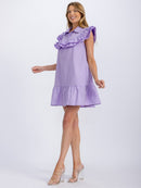 WOMEN'S RUFFLE SLEEVE BUTTON UP TRIM DETAILED FRONT POCKETS MINI DRESS