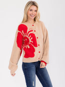 WOMEN'S LONG SLEEVE BUTTON CLOSURE GRAPHIC KNIT SWEATER