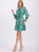 WOMEN'S LONG SLEEVE BUTTON UP SELF TIE FLORAL MINI DRESS