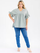 PLUS SIZE SHORT SLEEVE SURPLICE TUNIC LINEN BLOUSE
