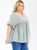 PLUS SIZE SHORT SLEEVE SURPLICE TUNIC LINEN BLOUSE