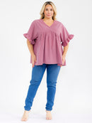 PLUS SIZE SHORT SLEEVE SURPLICE TUNIC LINEN BLOUSE