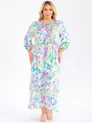 PLUS SIZE 3/4 SLEEVE FRONT POCKETS FLORAL PRINT MAXI DRESS