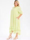 PLUS SIZE 3/4 SLEEVE RUFFLE BOTTOM HEM FRONT POCKETS LOOSE FIT MAXI DRESS