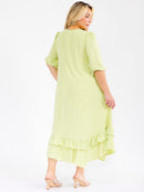PLUS SIZE 3/4 SLEEVE RUFFLE BOTTOM HEM FRONT POCKETS LOOSE FIT MAXI DRESS