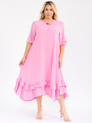 PLUS SIZE 3/4 SLEEVE RUFFLE BOTTOM HEM FRONT POCKETS LOOSE FIT MAXI DRESS