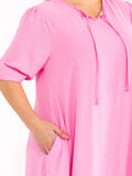 PLUS SIZE 3/4 SLEEVE RUFFLE BOTTOM HEM FRONT POCKETS LOOSE FIT MAXI DRESS