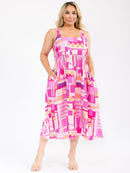 PLUS SIZE SLEEVELESS SQUARE NECK POCKETS MULTI PRINT CUT OUT BACK MAXI DRESS