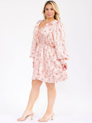 PLUS SIZE LONG SLEEVE V-NECK ELASTIC WAIST FLORAL MINI DRESS