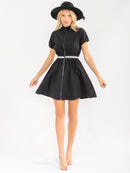 WOMEN'S SHORT SLEEVE ZIPPER CLOSURE FRONT POCKETS ELASTIC WAIST MINI DRESS