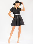 WOMEN'S SHORT SLEEVE ZIPPER CLOSURE FRONT POCKETS ELASTIC WAIST MINI DRESS