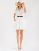 WOMEN'S SHORT SLEEVE ZIPPER CLOSURE FRONT POCKETS ELASTIC WAIST MINI DRESS