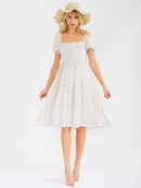 WOMEN'S SHORT SLEEVE SQUARE NECK SMOCK ELASTIC WAIST PRINT MIDI DRESS