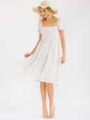 WOMEN'S SHORT SLEEVE SQUARE NECK SMOCK ELASTIC WAIST PRINT MIDI DRESS