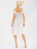 WOMEN'S SHORT SLEEVE SQUARE NECK SMOCK ELASTIC WAIST PRINT MIDI DRESS
