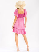 WOMEN'S SHORT RUFFLE SLEEVE SQUARE NECK SMOCK WASHED MINI DRESS