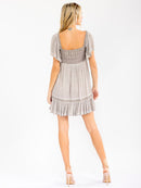 WOMEN'S SHORT RUFFLE SLEEVE SQUARE NECK SMOCK WASHED MINI DRESS