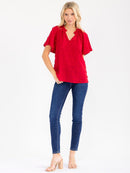 WOMEN'S SHORT SLEEVE V-NECK SWISS DETAILED BLOUSE