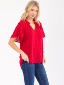 WOMEN'S SHORT SLEEVE V-NECK SWISS DETAILED BLOUSE