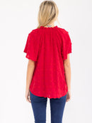 WOMEN'S SHORT SLEEVE V-NECK SWISS DETAILED BLOUSE