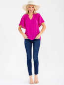 WOMEN'S SHORT SLEEVE V-NECK SWISS DETAILED BLOUSE