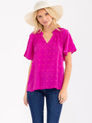 WOMEN'S SHORT SLEEVE V-NECK SWISS DETAILED BLOUSE