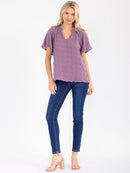 WOMEN'S SHORT SLEEVE V-NECK SWISS DETAILED BLOUSE