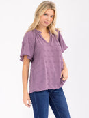 WOMEN'S SHORT SLEEVE V-NECK SWISS DETAILED BLOUSE
