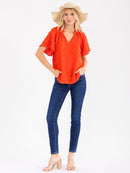 WOMEN'S SHORT SLEEVE V-NECK SWISS DETAILED BLOUSE