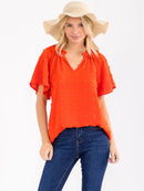 WOMEN'S SHORT SLEEVE V-NECK SWISS DETAILED BLOUSE