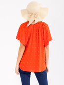 WOMEN'S SHORT SLEEVE V-NECK SWISS DETAILED BLOUSE